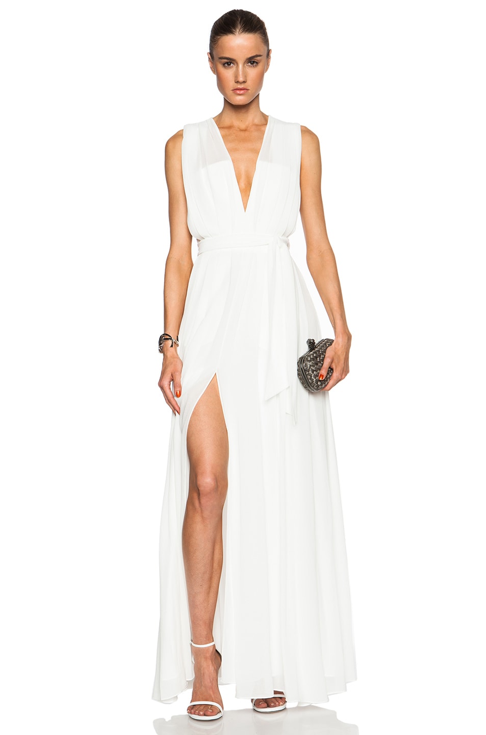 Image 1 of L'AGENCE Long Deep V Pleated Dress in White