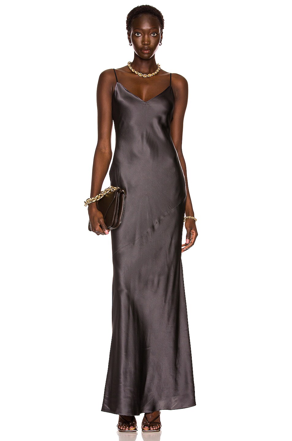 Image 1 of L'AGENCE Serita Maxi V-Neck Bias Dress in Dark Graphite