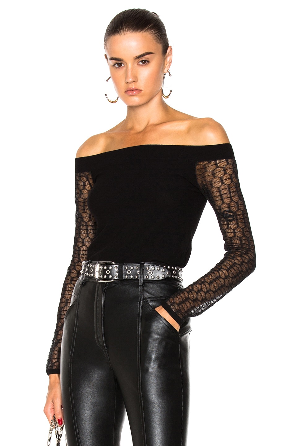 L'AGENCE Off-The-Shoulder Lace Knitted Top in Black | ModeSens