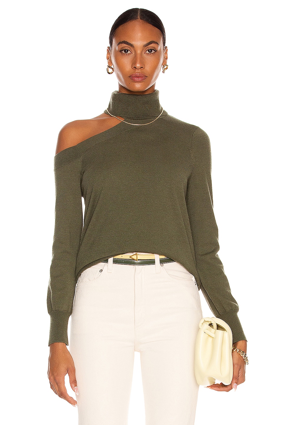 Image 1 of L'AGENCE Easton One Shoulder Sweater in Army