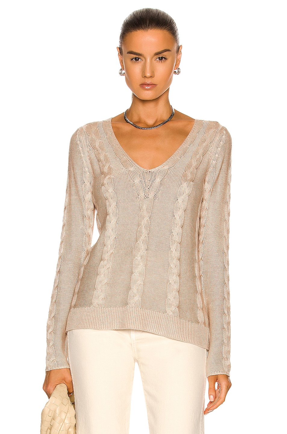 Image 1 of L'AGENCE Pia Cable V-Neck Sweater in Parchment