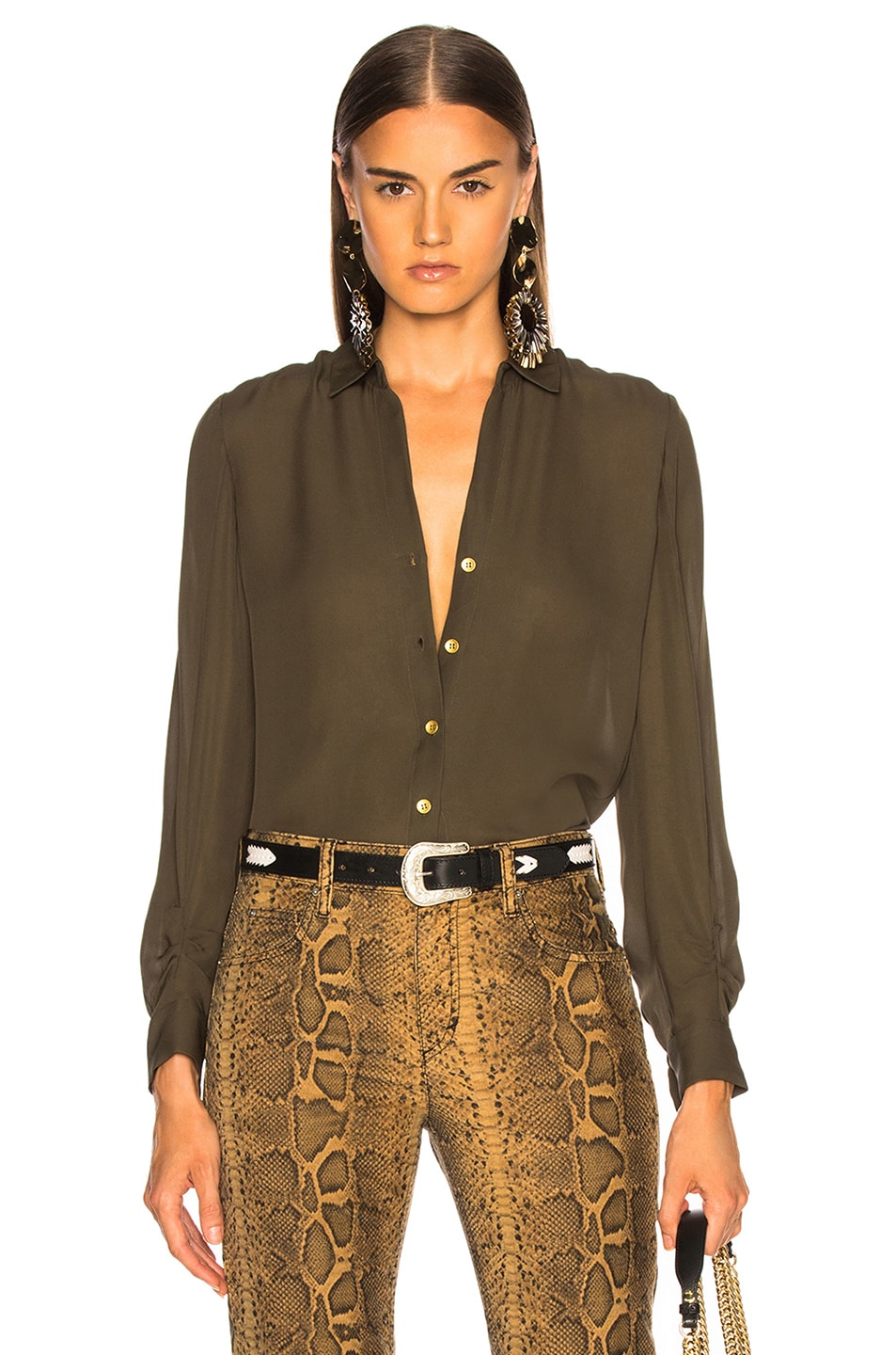 Image 1 of L'AGENCE Fiona Shirred Sleeve Blouse in Dark Olive