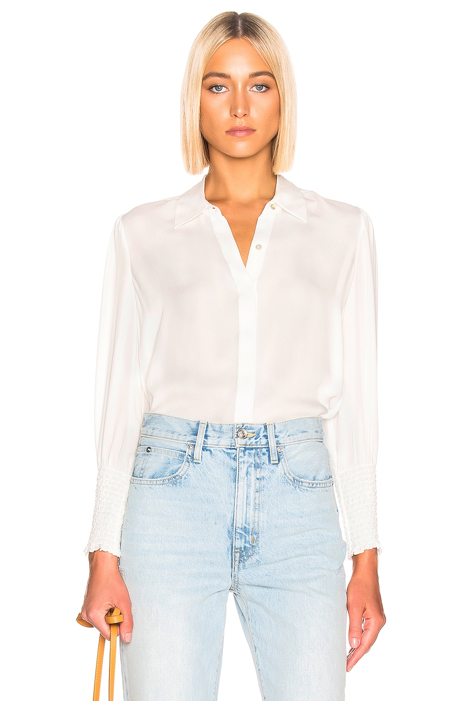 L'AGENCE Lucin Diamond Smoked Cuff Blouse in Ivory | FWRD