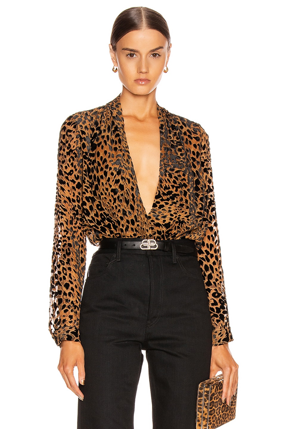 Image 1 of L'AGENCE Lydia Drape Front Blouse in Black & Nude Combo