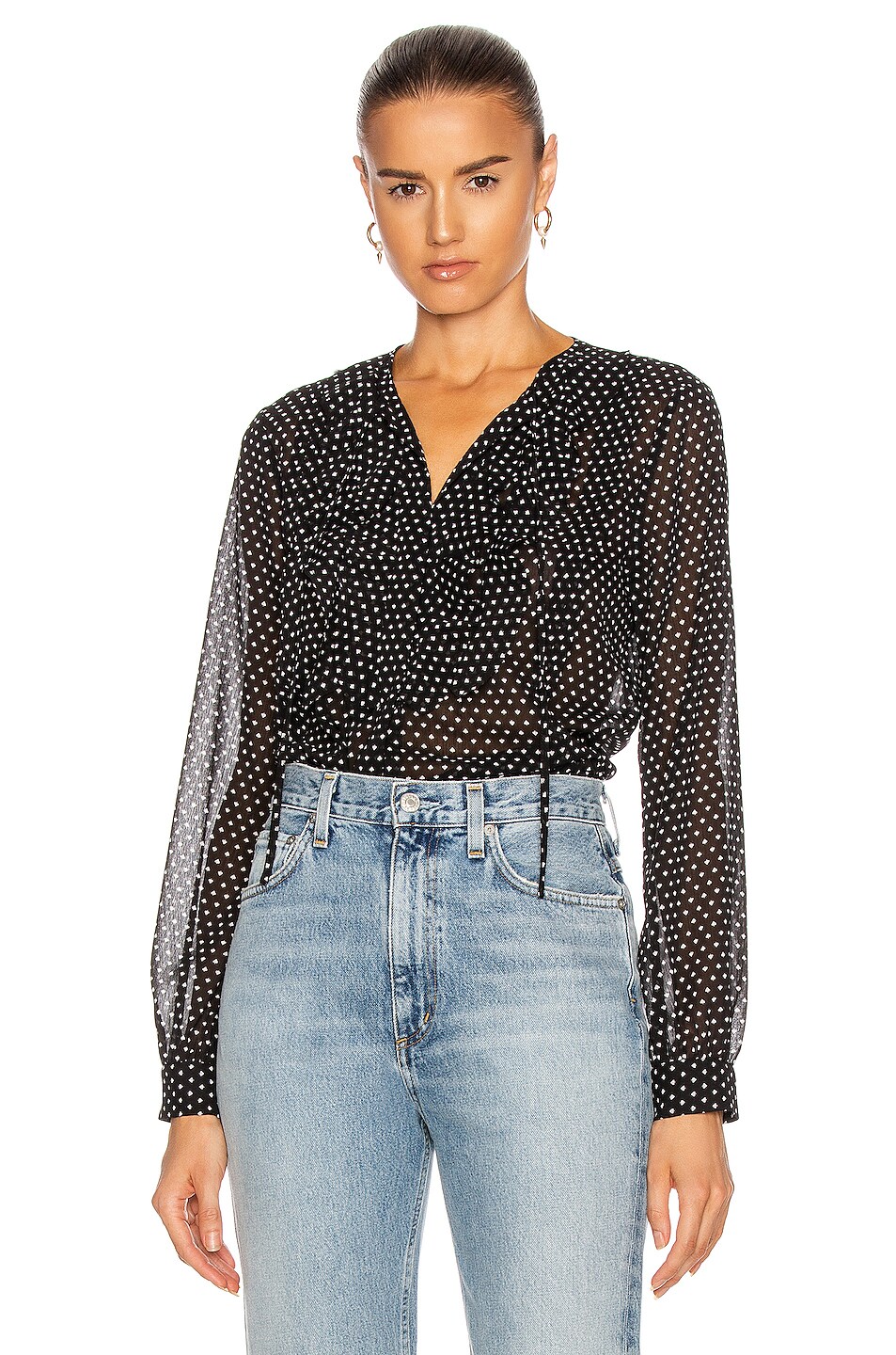 Image 1 of L'AGENCE Tabitha Ruffle Blouse in Black & Ivory Carte A Jouer