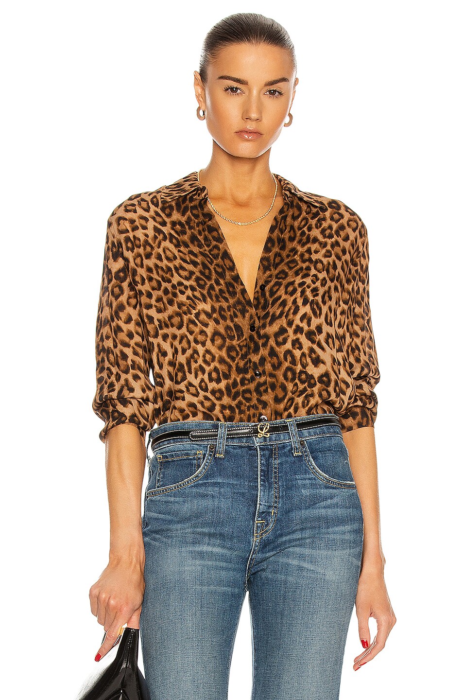 Image 1 of L'AGENCE Nina Long Sleeve Blouse in Brown & Black Large Cheetah