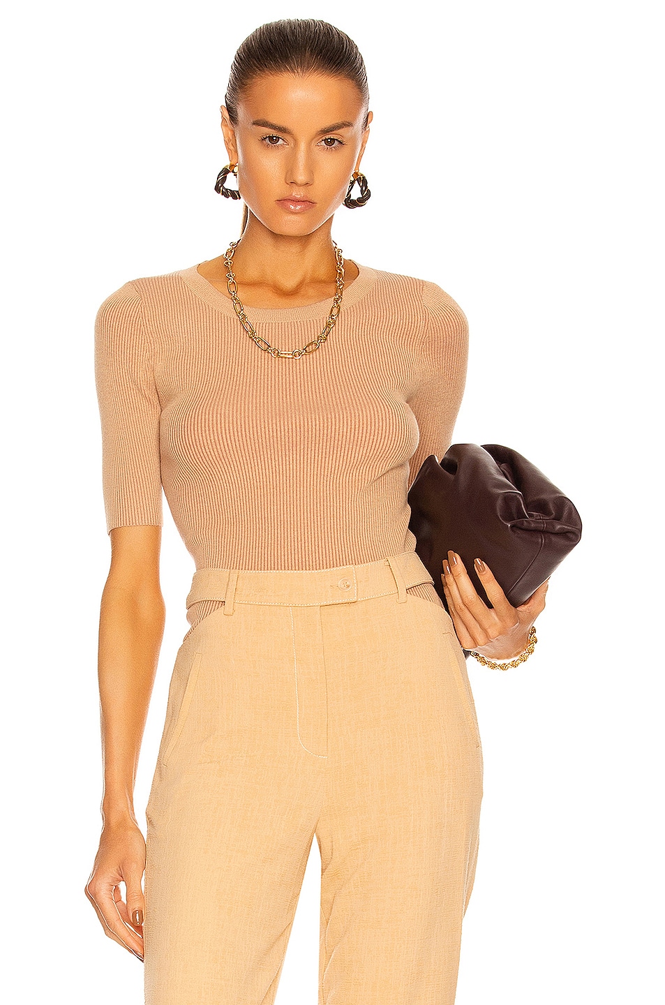 Image 1 of L'AGENCE Alessi Pullover Short Sleeve Top in Tan & Dark Tan