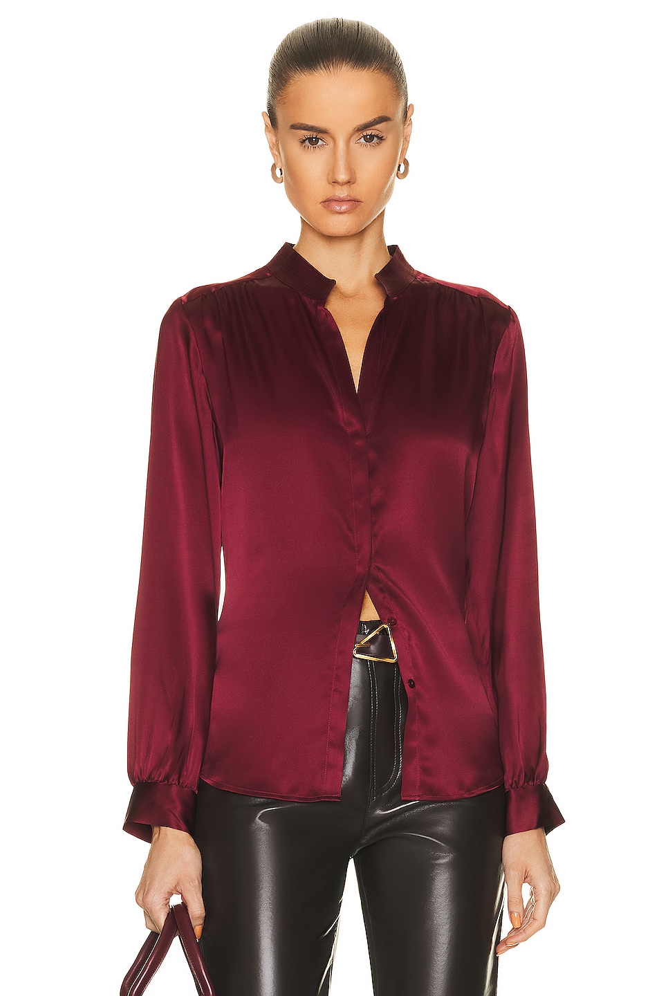 L'AGENCE Bianca Band Collar Blouse in Black Cherry | FWRD