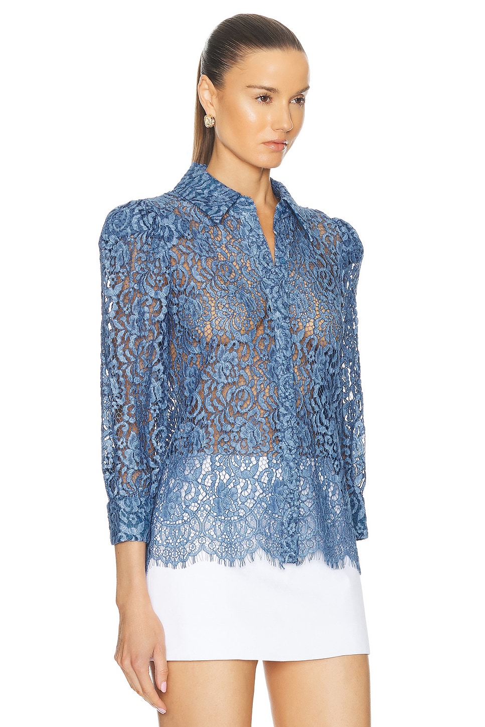 Shop L Agence Andrea 3/4 Sleeve Lace Blouse In Indigo Lace