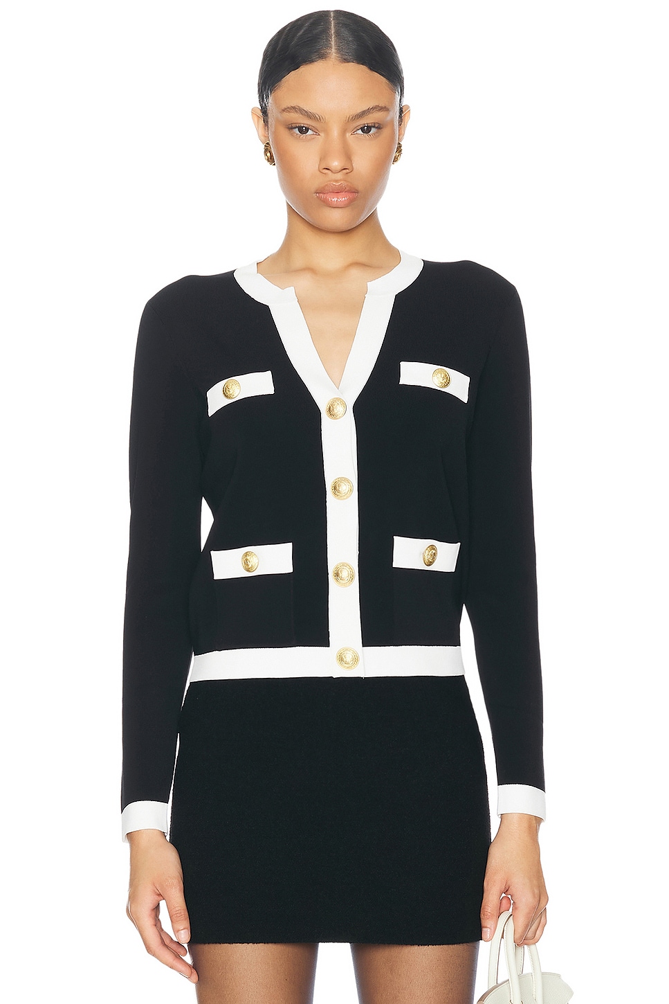 Image 1 of L'AGENCE Estefania Contrast Trim Cardi in Black & White