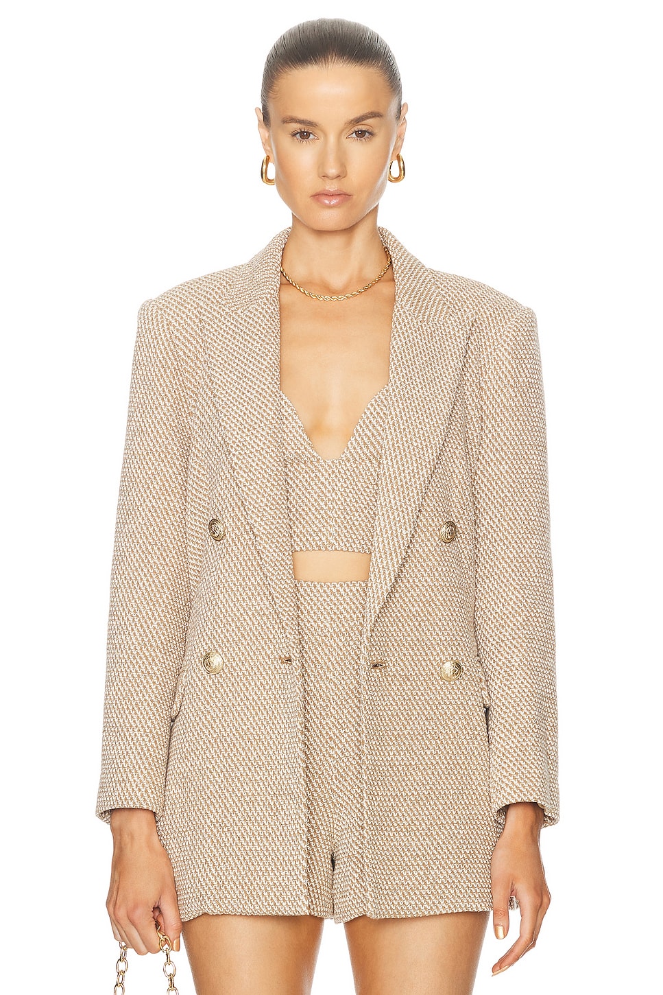 Riva Knit Double Breasted Blazer in Tan