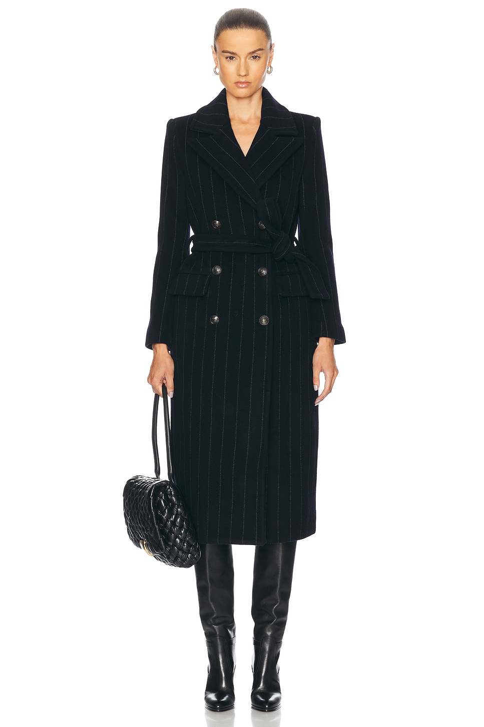 Shop L Agence Olina Long Coat With Belt In Midnight & Ivory