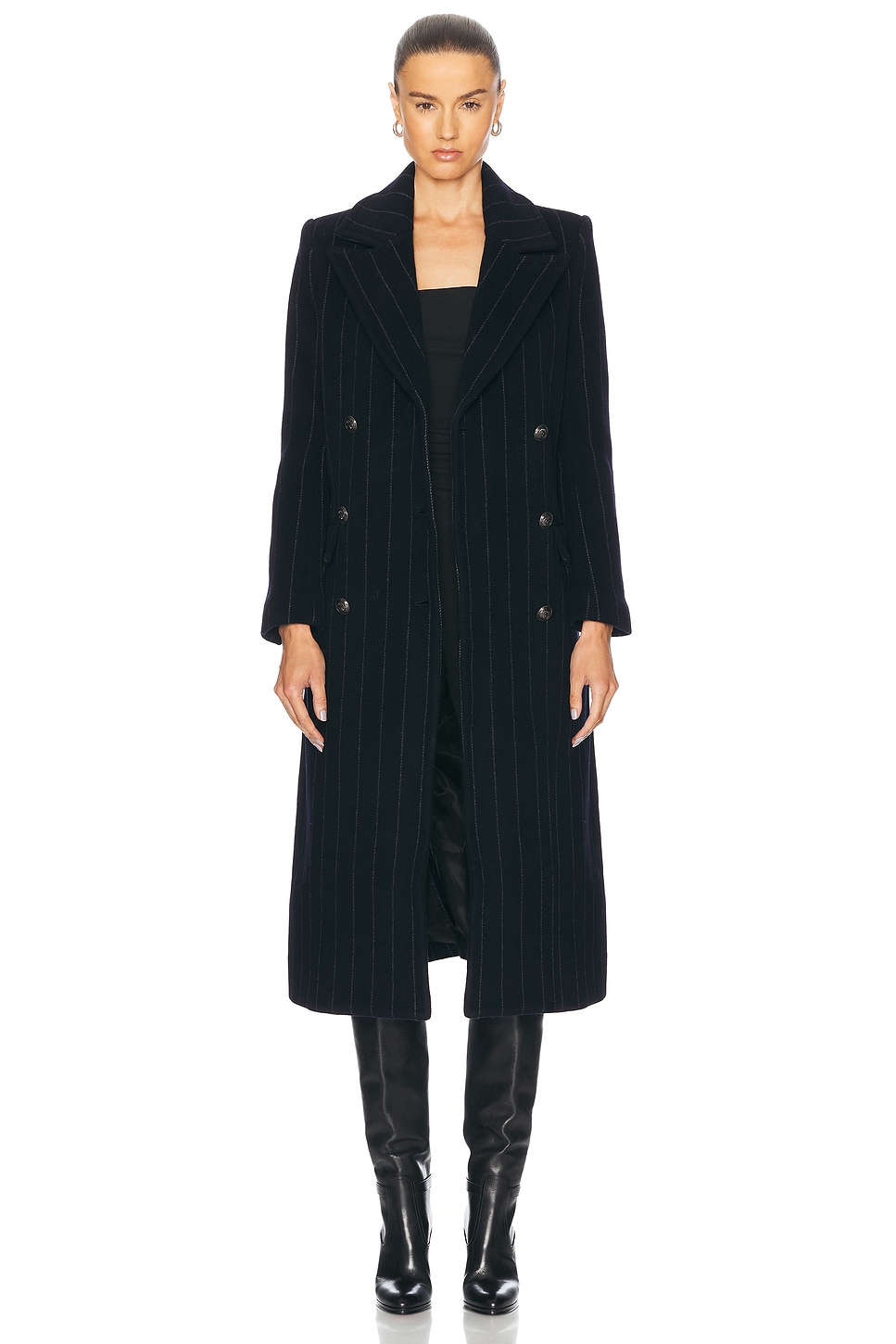 Shop L Agence Olina Long Coat With Belt In Midnight & Ivory