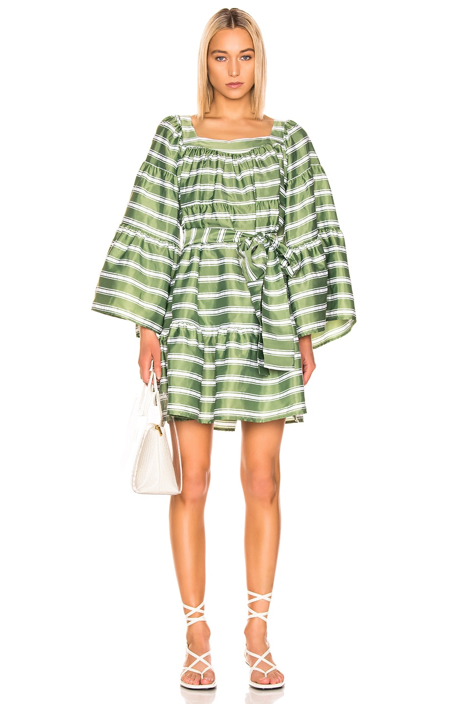 Image 1 of Lisa Marie Fernandez Mini Peasant Dress in Green & White Stripe