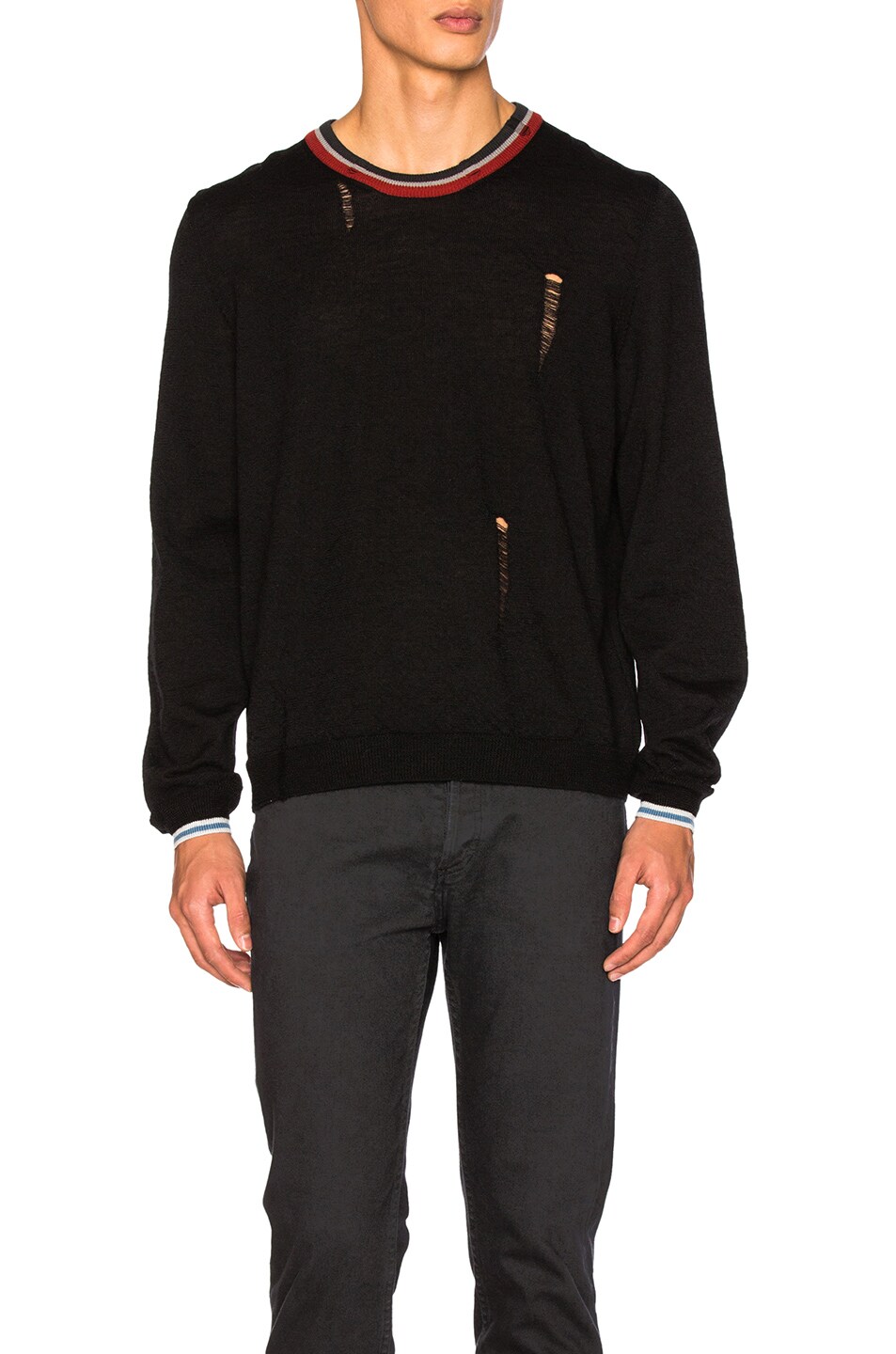 Image 1 of Lanvin Open Stitch & Stripe Detail Sweater in Black