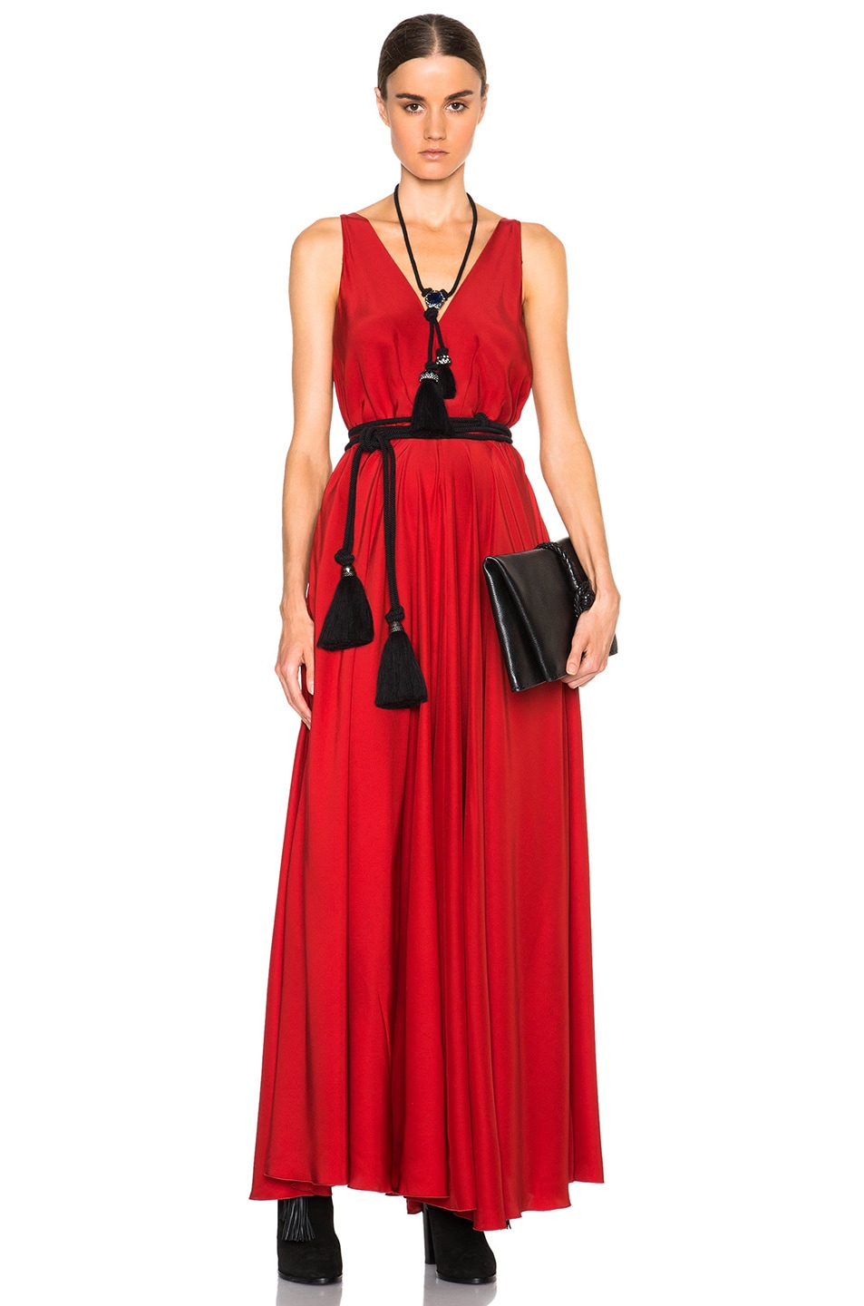 Image 1 of Lanvin Cord Tie Long Silk Dress in Carmine Red