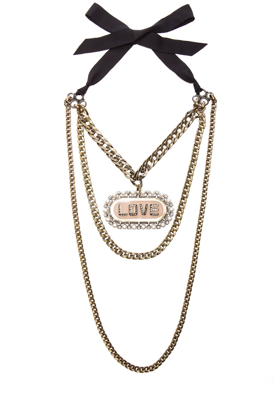 Image 1 of Lanvin RUNWAY Love Pendant Layered Antique Brass Necklace in Nude