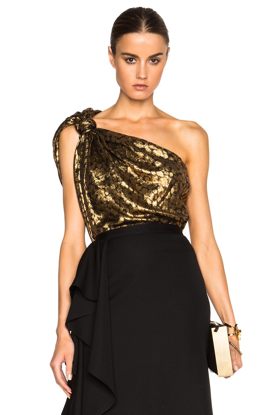 Image 1 of Lanvin Knotted One Shoulder Cheetah Print Silk Top in Gold