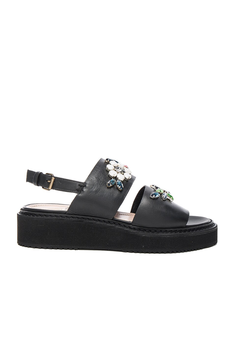 Image 1 of Lanvin Embroidered Leather Flat Sandals in Black