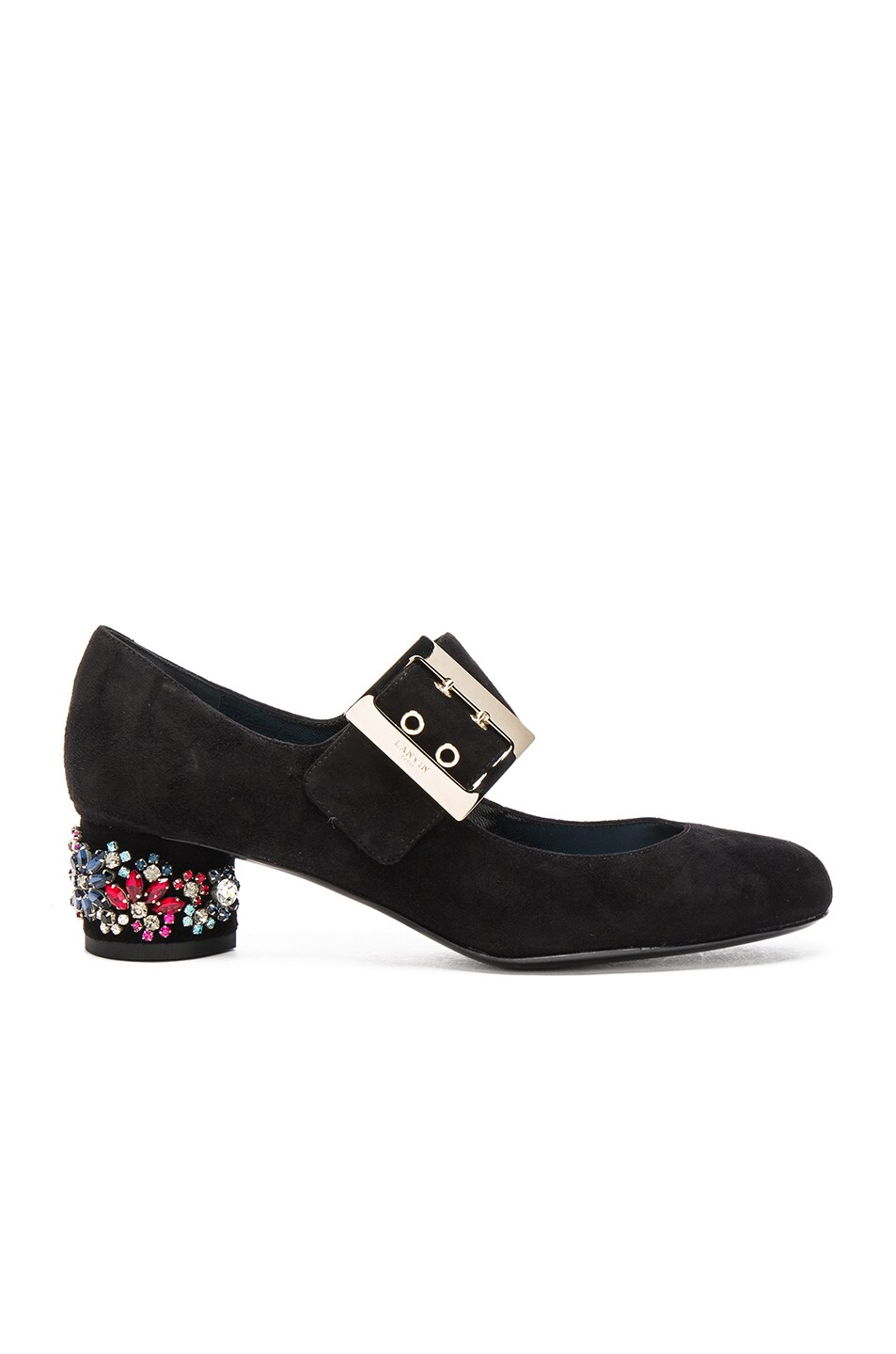 Image 1 of Lanvin Embroidered Suede Mary Jane Pumps in Black & Multi