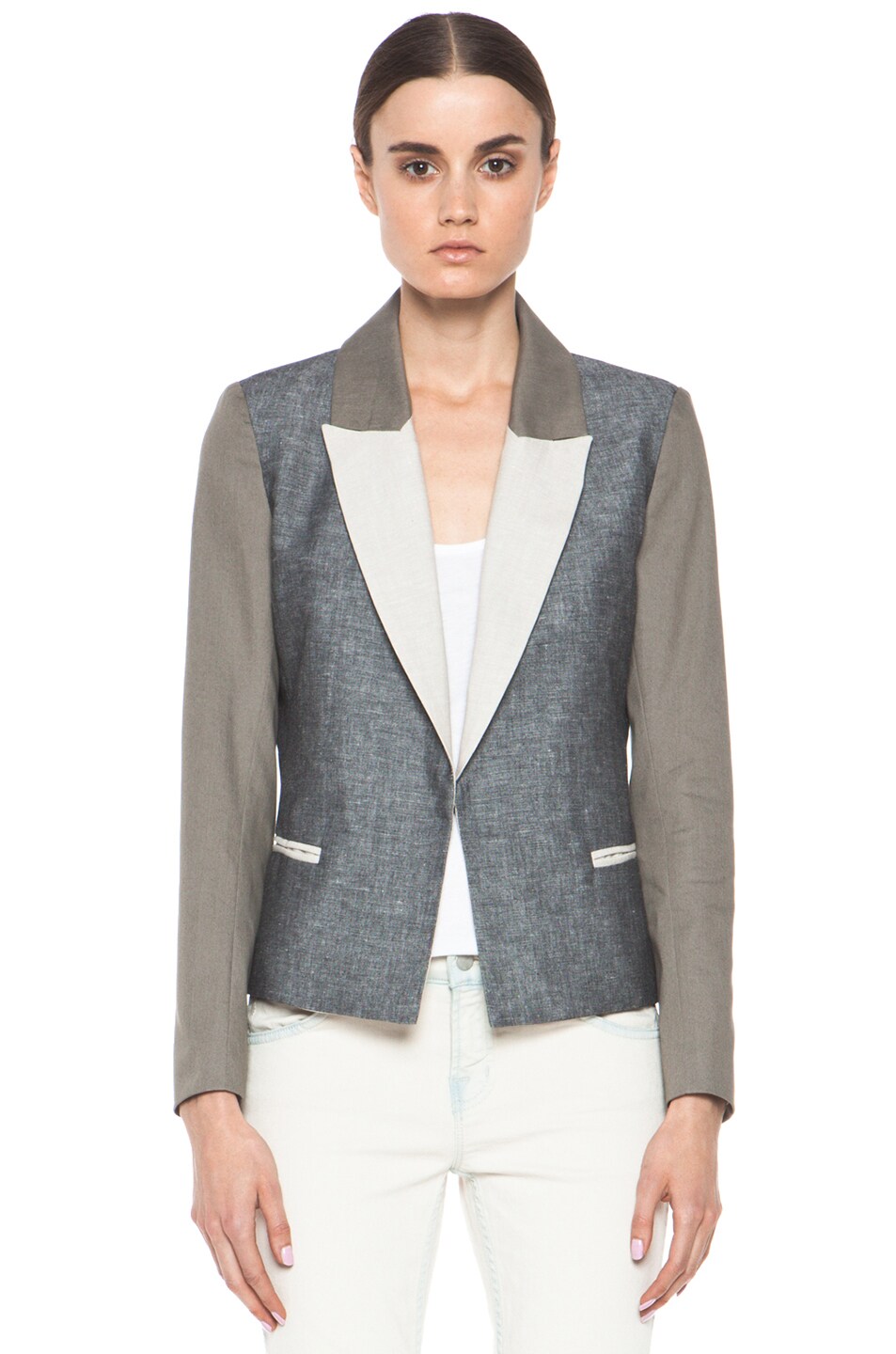 Image 1 of Laveer Tri Montage Flax-Blend Blazer in Olive Multi