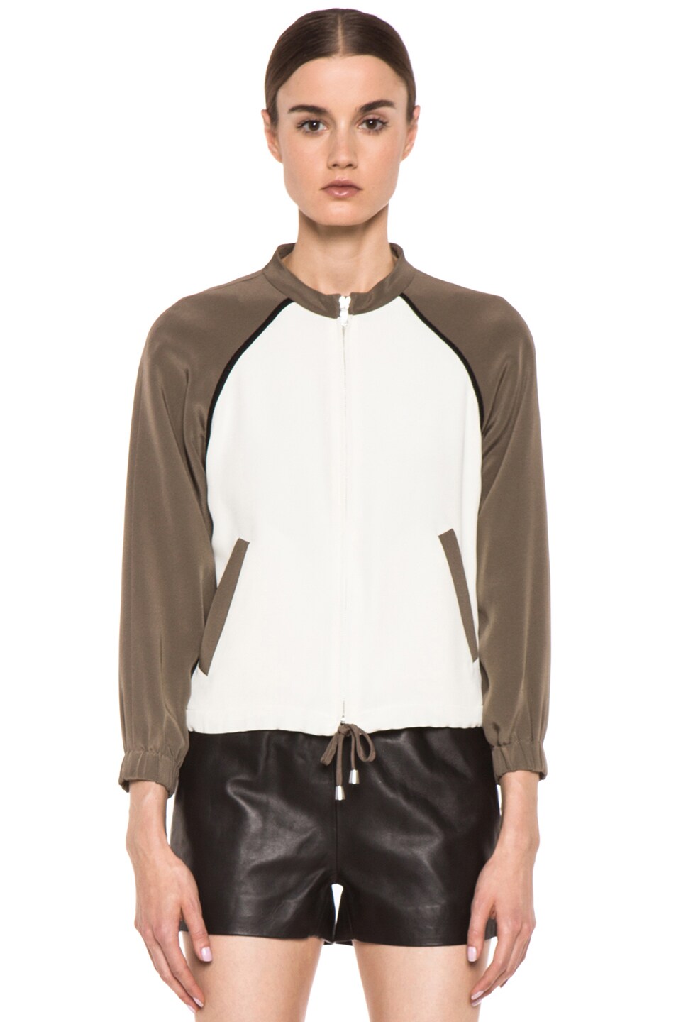 Image 1 of Laveer Silk Bomber Jacket in Ivory & Army