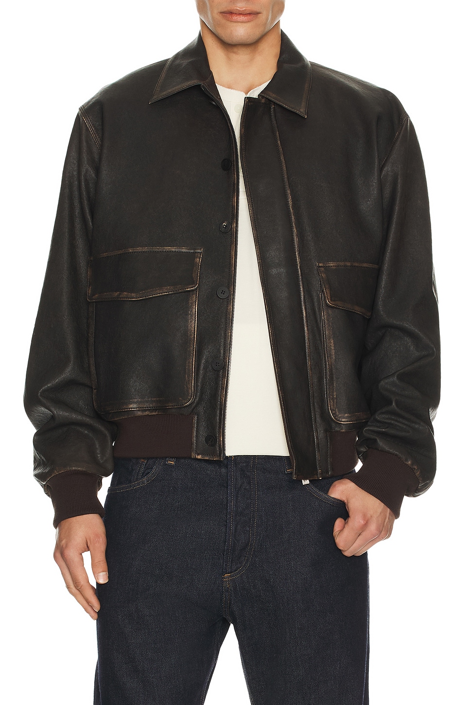 Image 1 of Le17Septembre Distressed Leather Bomber Jacket in Brown