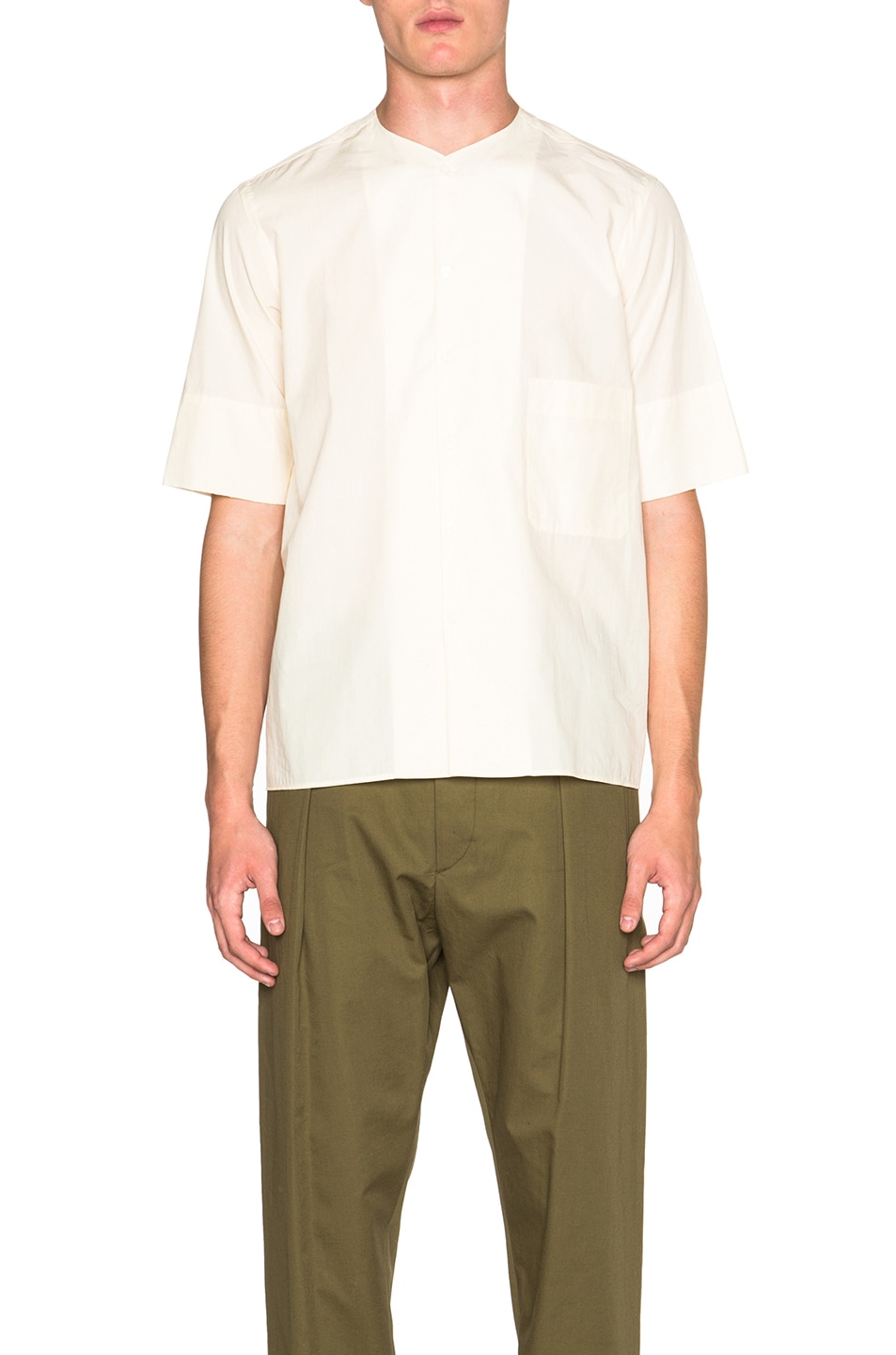 Image 1 of Lemaire Soft Cotton Poplin Short Sleeve Collarless Shirt in Butter