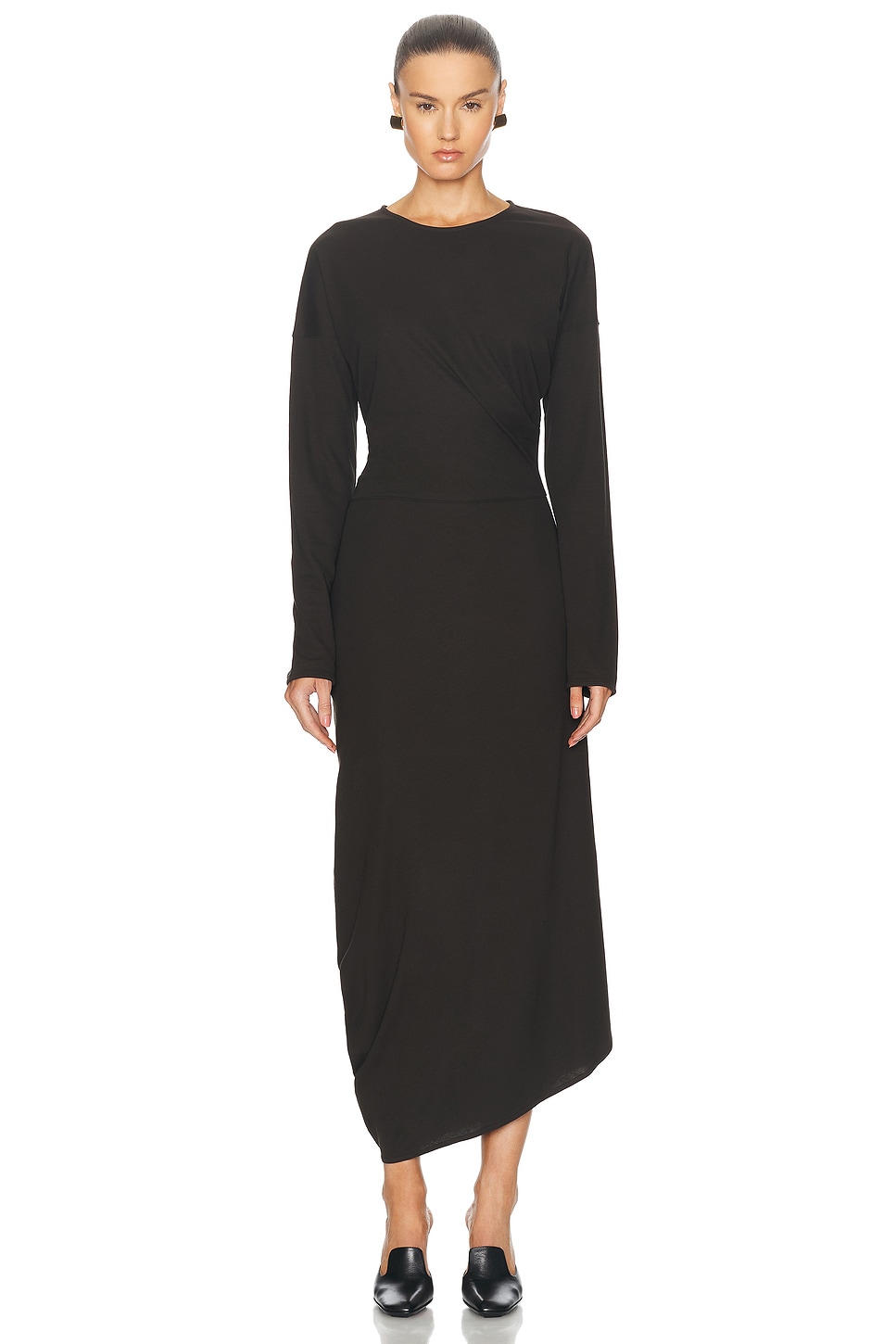 Shop Lemaire Long Sleeve Twisted Dress In Dark Espresso