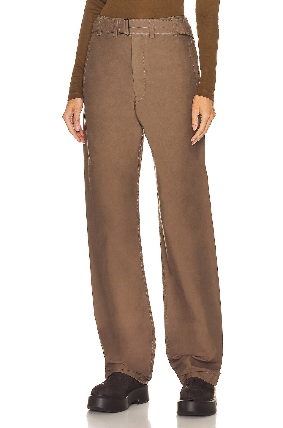Image 1 of Lemaire Belted Chino Pant in Olive Brown