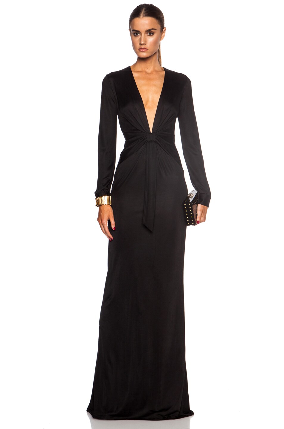 Image 1 of Moschino Long Sleeve Rayon-Blend Column Gown in Black