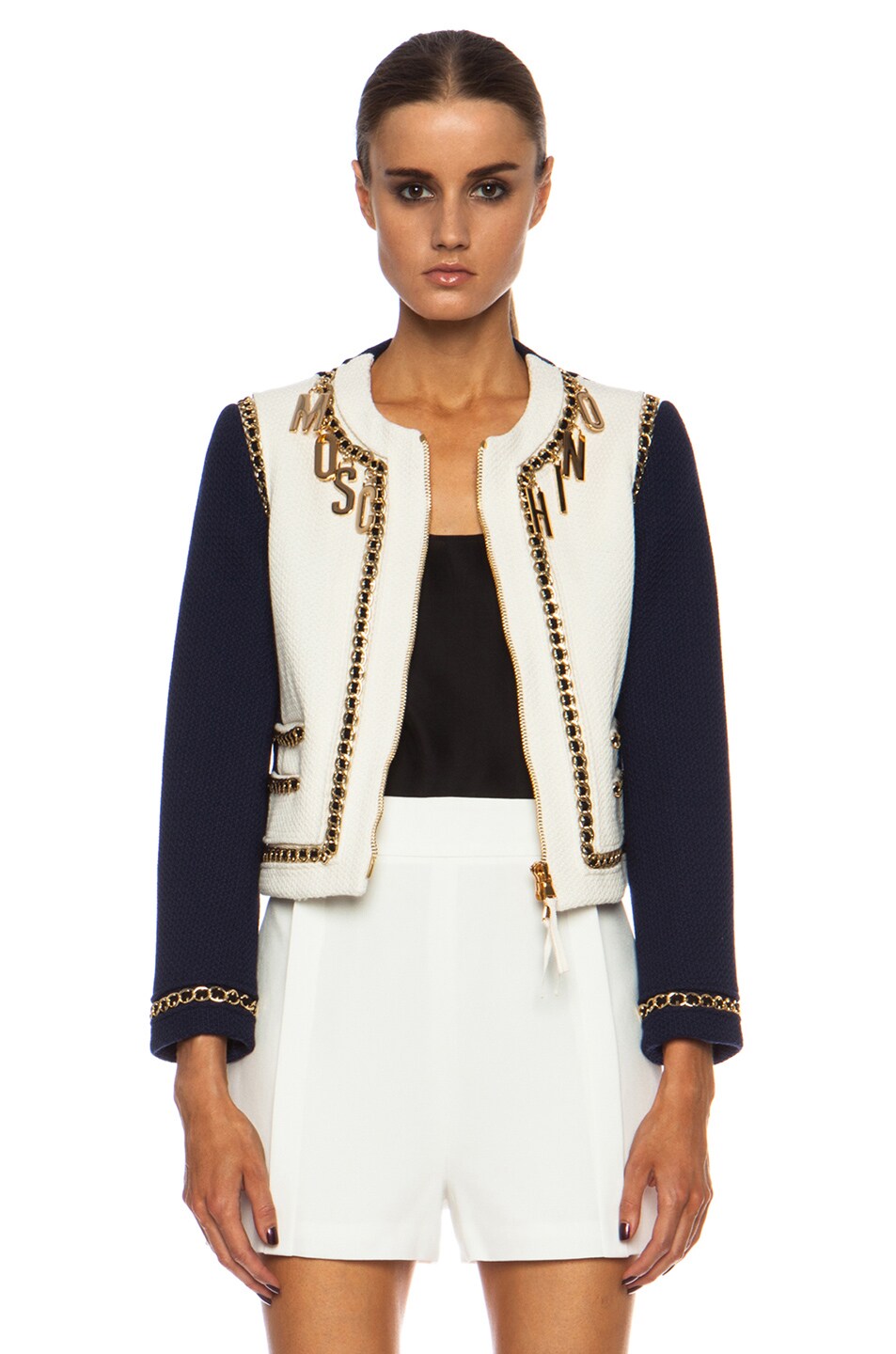 Image 1 of Moschino Boucle Chain & Logo Zip Virgin Wool Jacket in White & Blue