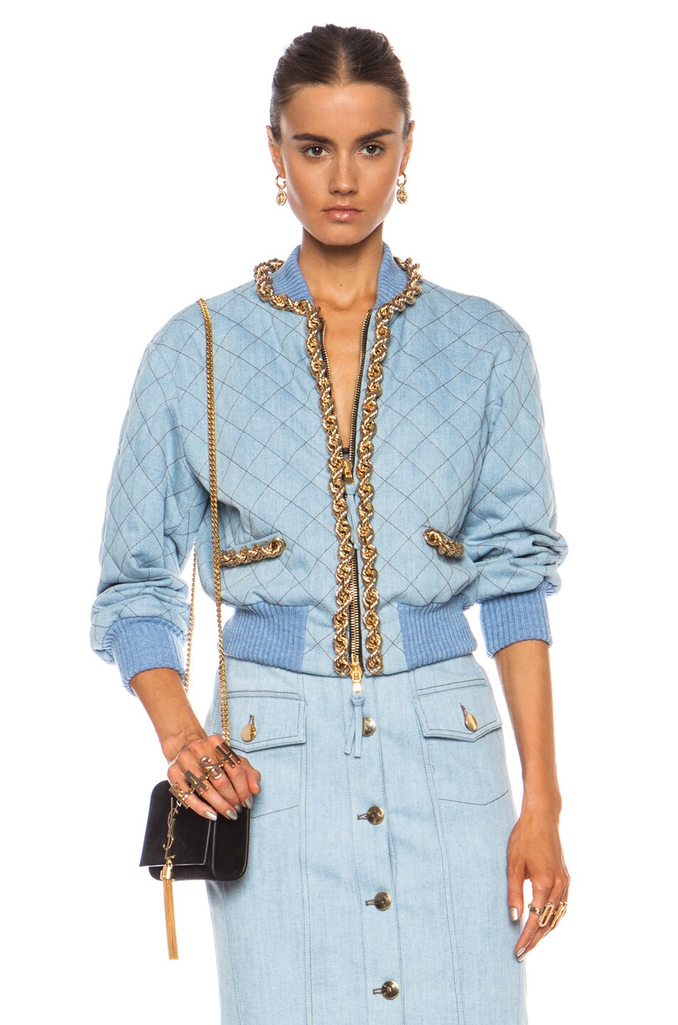 Image 1 of Moschino Quilted Chain Denim Bomber in Light Blue