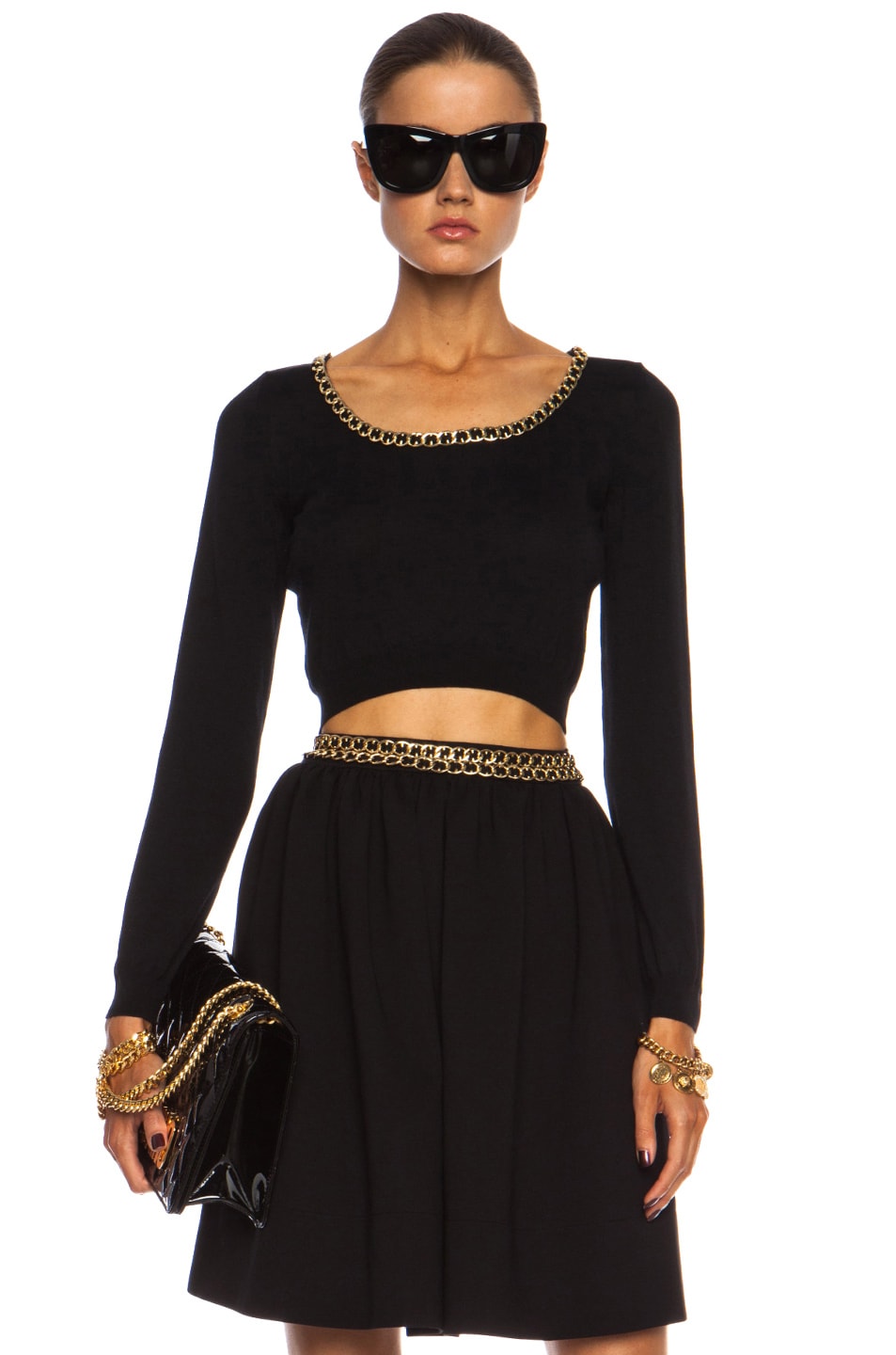 Image 1 of Moschino Cropped Wool Sweater with Chain in Black