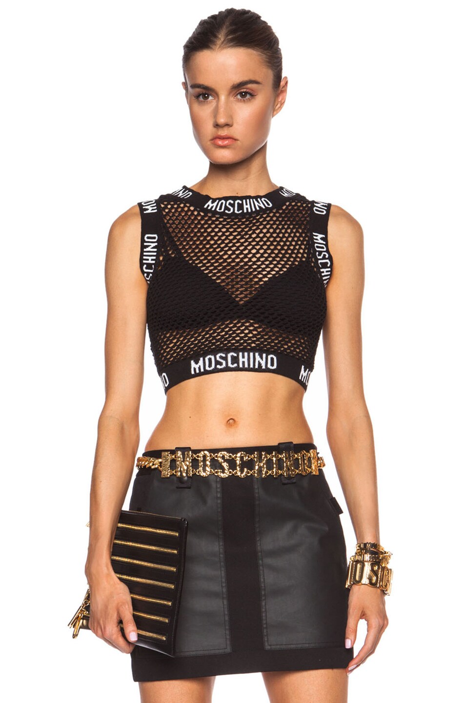 Image 1 of Moschino Netted Cotton Crop Top in Black