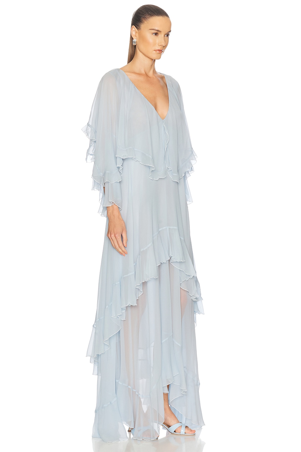 Loveshackfancy Collia V-neck Tiered Silk Chiffon Maxi Dress In Transparent