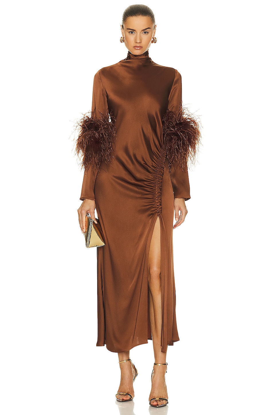 Doubleface Satin Bias Tab Slit Ostrich Dress in Brown