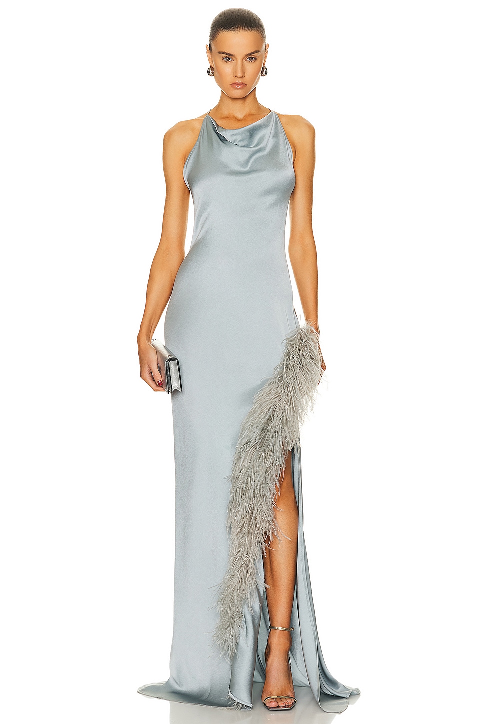 Image 1 of Lapointe Doubleface Satin Halter Cowl Neck Ostrich Gown in Dove