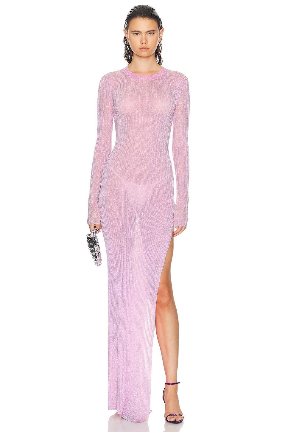 Sheer Metallic Long Sleeve Crewneck Dress in Pink