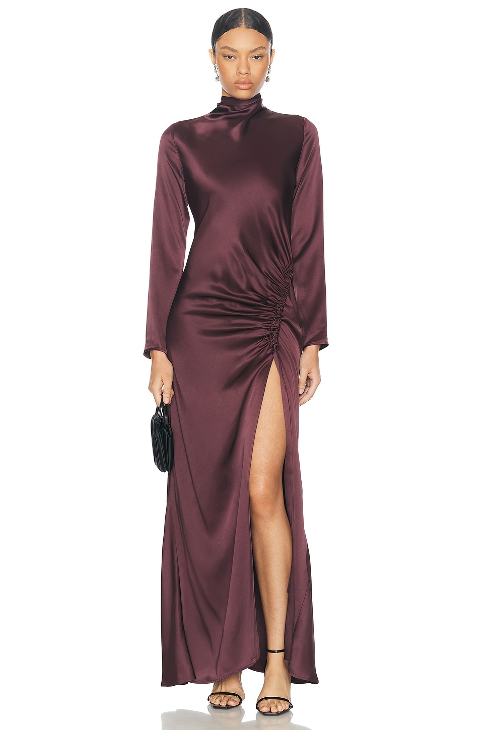 Satin Bias Tab Slit Gown in Burgundy