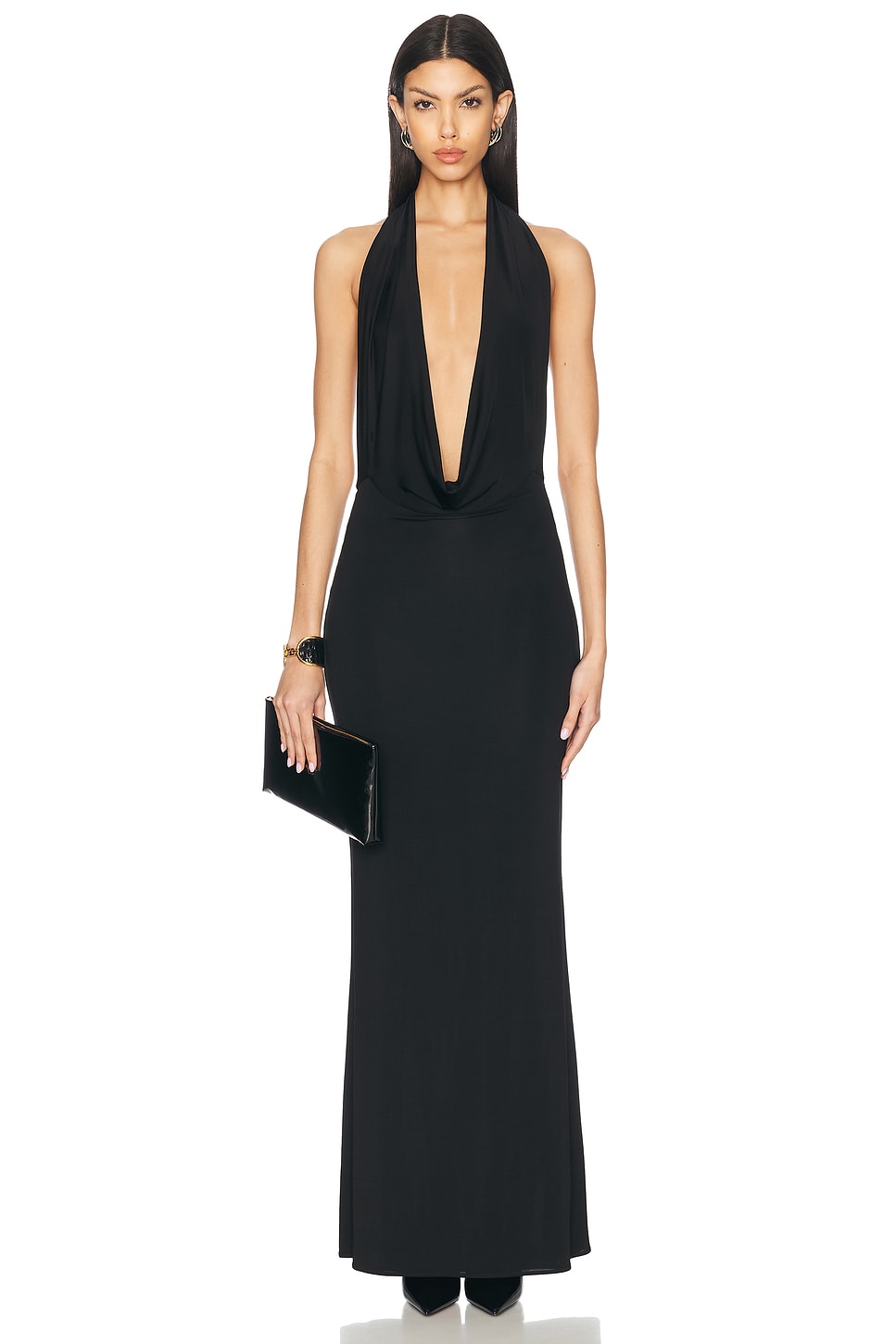 Jersey Deep Cowl Neck Gown in Black