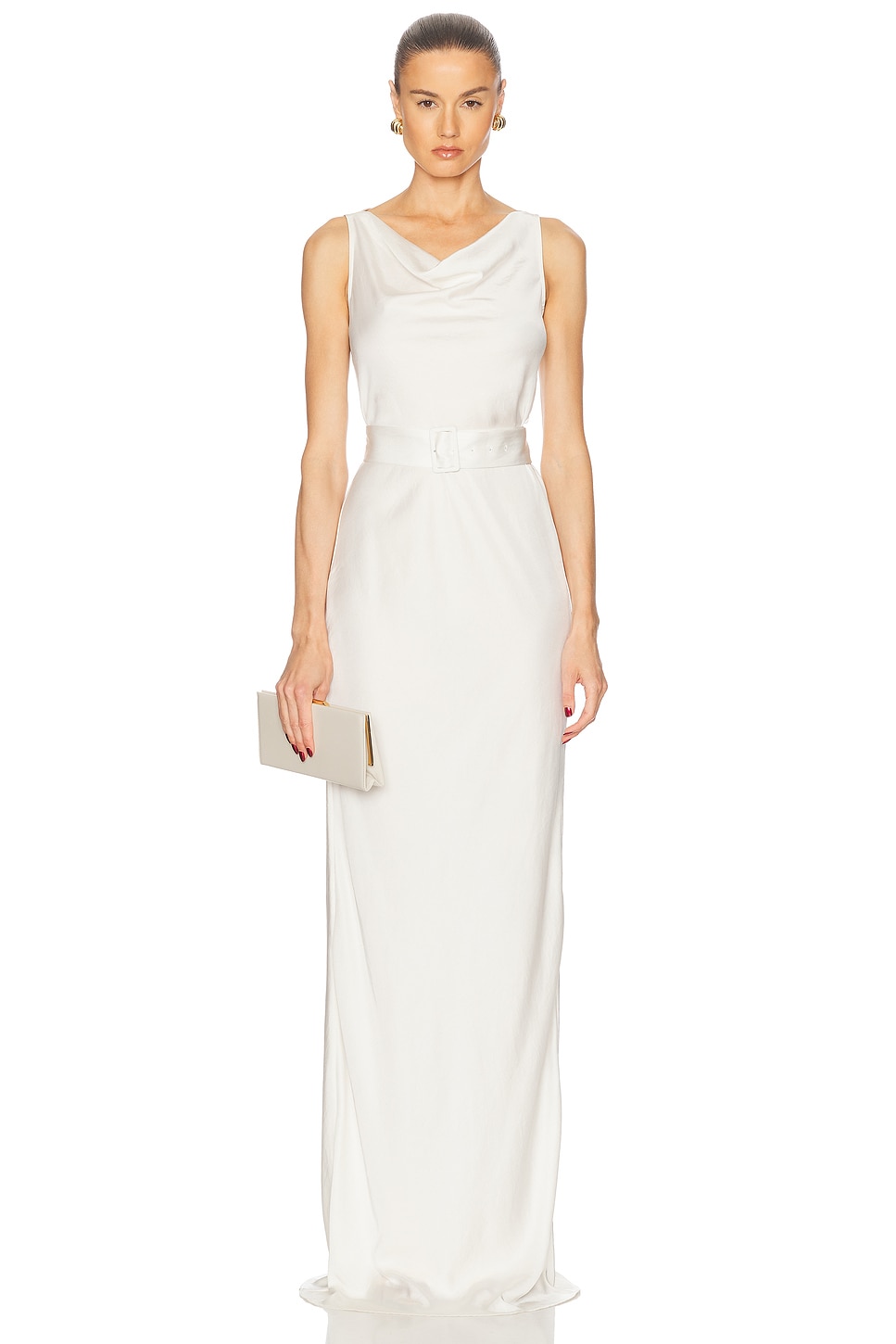 Lightweight Satin Bias Belted Gown in Cream