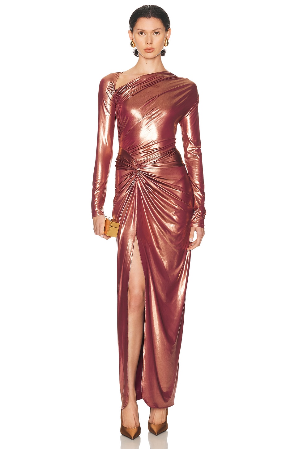 Image 1 of Lapointe Coated Jersey Asymmetric Draped Sarong Dress in Clay