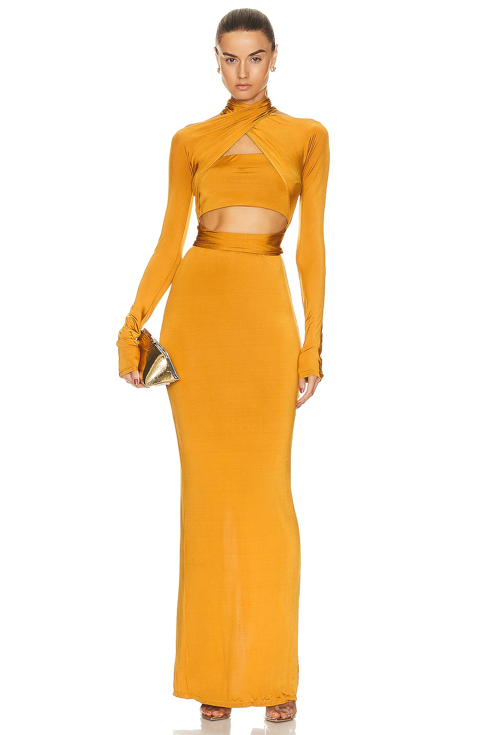 Image 1 of Lapointe Lightweight Jersey Wrap Front Long Sleeve Dress in Mustard