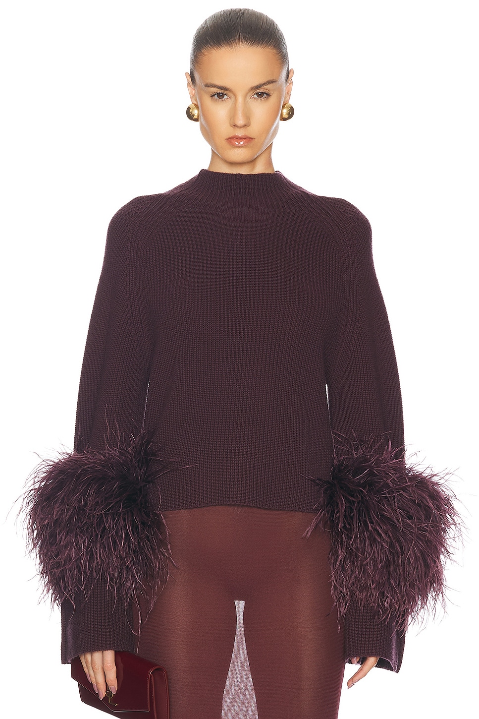 Merino Mock Neck Feathers Sweater in Burgundy