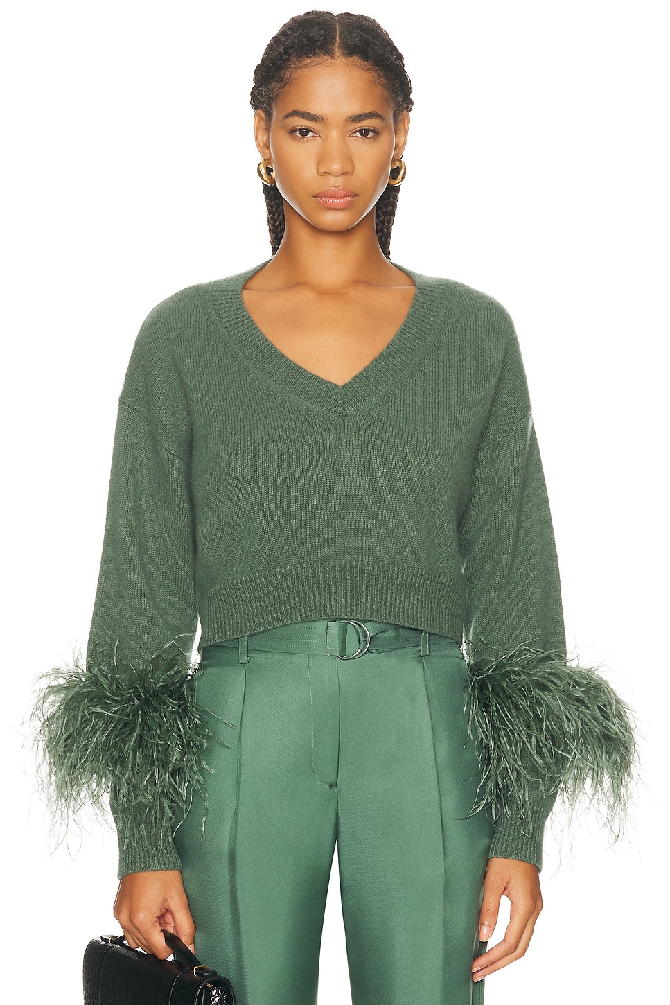 Image 1 of Lapointe Cashmere Cropped V Neck Feather Sweater in Green