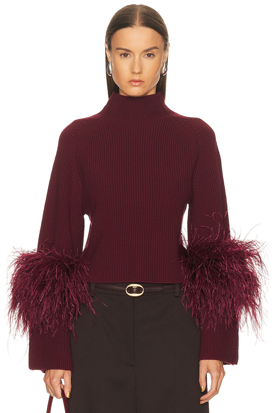 Image 1 of Lapointe Merino Mock Neck Classic Feather Sweater in Crimson