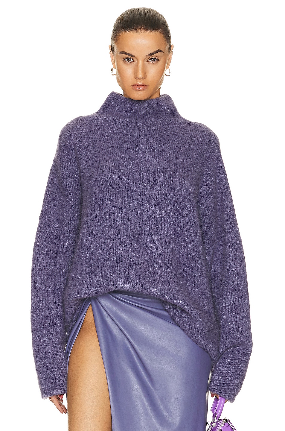 Brushed Alpaca Relaxed Turtleneck Sweater in Purple