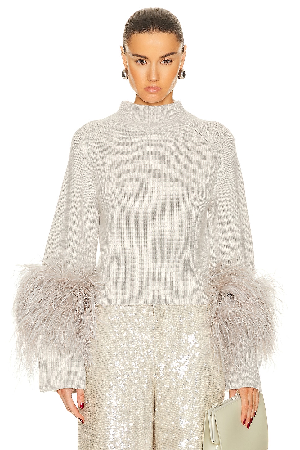 Merino Wool Cropped Raglan Slit Sleeve Ostrich Sweater in Light Grey