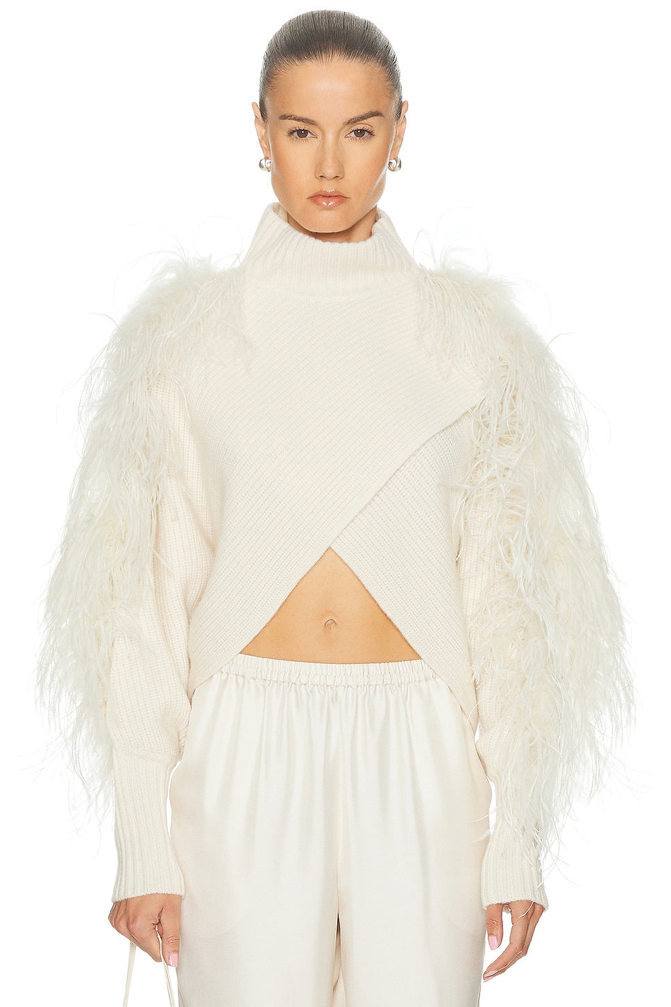 Image 1 of Lapointe Organic Cashmere Crossover Ostrich Sweater in Cream